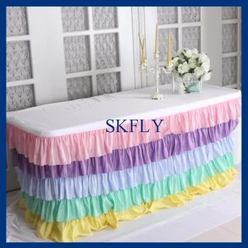 

SK003A elegant 6ft rectangle taffeta colorful rainbow pastel ruffled layered table cloth with top or long table skirt