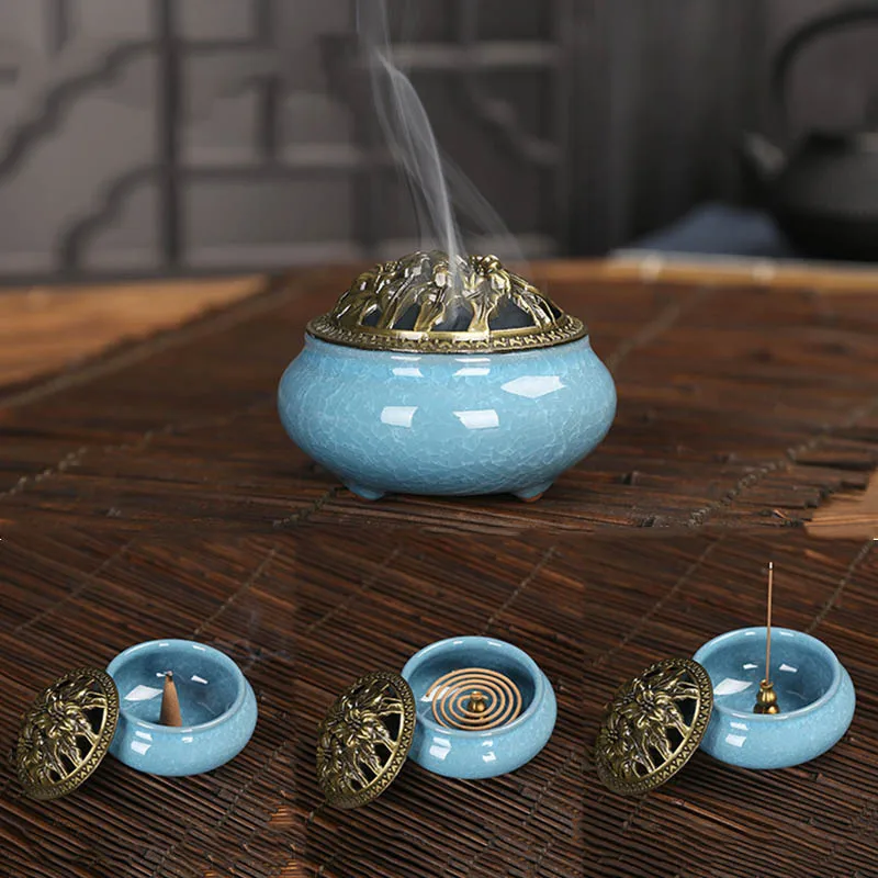 

Ceramic incense burner copper cover antique alloy line sandalwood furnace Buddhist house tea house furnace aromatherapy furnaces