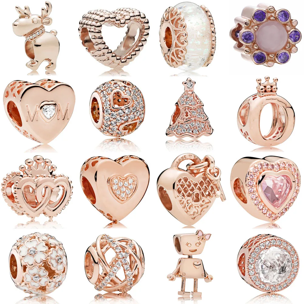 

Fit pandora Bracelet Bead Charm 925 sterling silver Rose gold Reindeer Heart Crown Love You Lock Bella Charm DIY Jewelry
