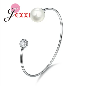 

New CZ Crystal Fashion 925 Sterling Silver Women Pearl Bracelet Bangle Fashion Jewelry Lady Open Bangles