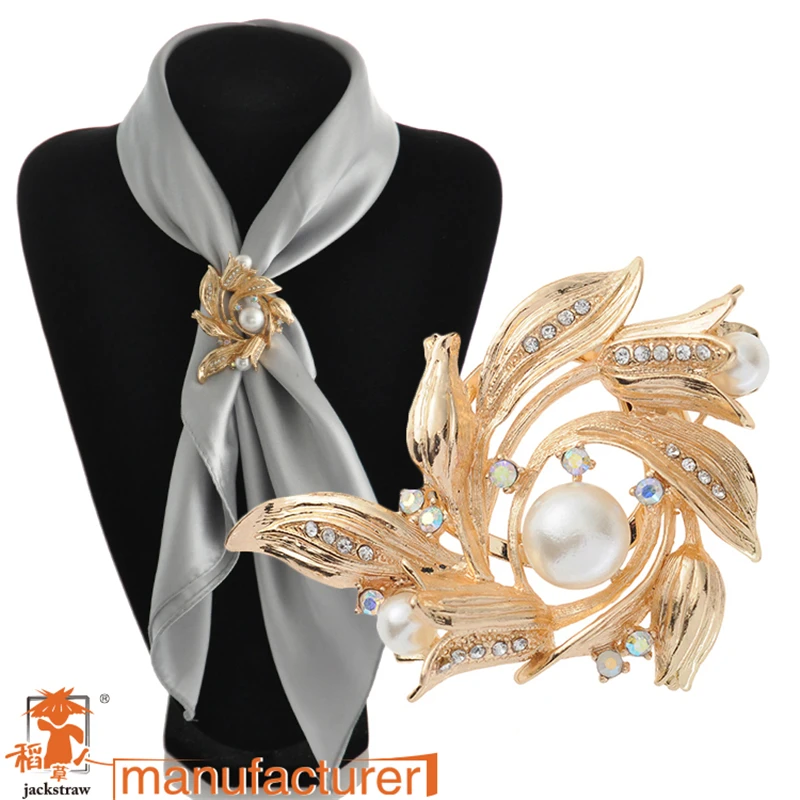 

Fashion china wholesale pearl rhinestone flower wedding gold large brooches /scarf buckle dual for women