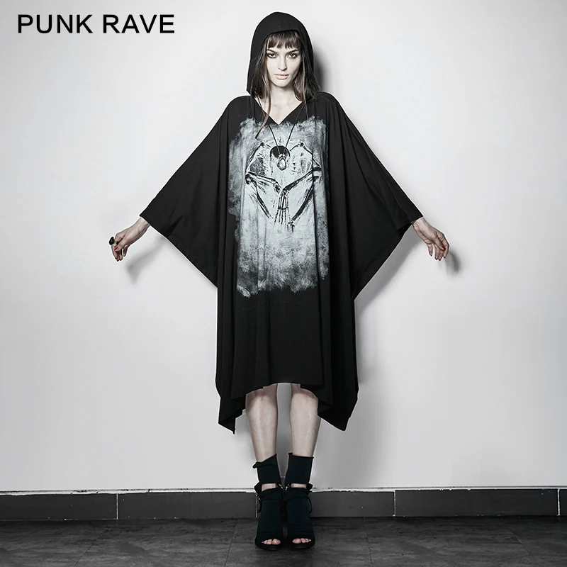 

PUNK Black Bone Ghost Film Printing Loose Bat Sleeve T-shirt With Cape Hoodie PT117 Free Shipping