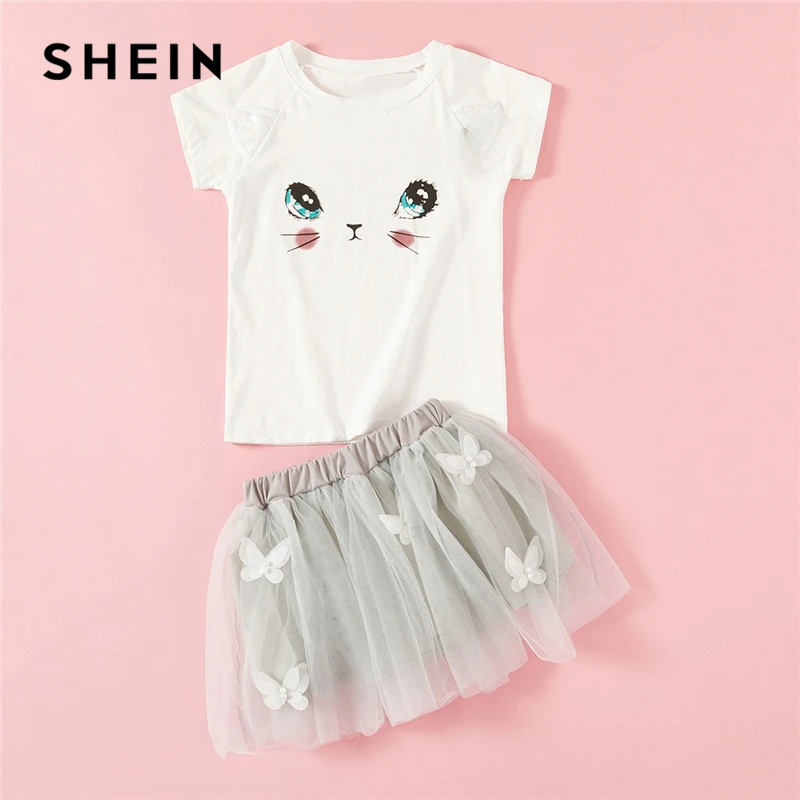 SHEIN Kiddie Toddler Girls Preppy Cartoon Print Short Sleeve Tee And Mesh Skirt Girl Set 2019 Summer Casual Kids Clothes SHEIN Kiddie Toddler Girls Preppy Cartoon Print Short Sleeve Tee And Mesh Skirt Girl Set 2019 Summer Casual Kids Clothes