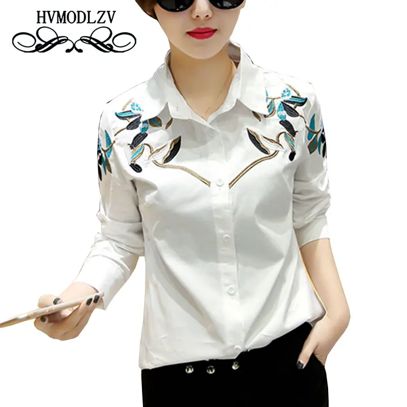 

Fashion Long Sleeves Blouse Embroidery White OL Professional Shirt 2017 Spring New Women Comfortable Large Size Clothing LJ382