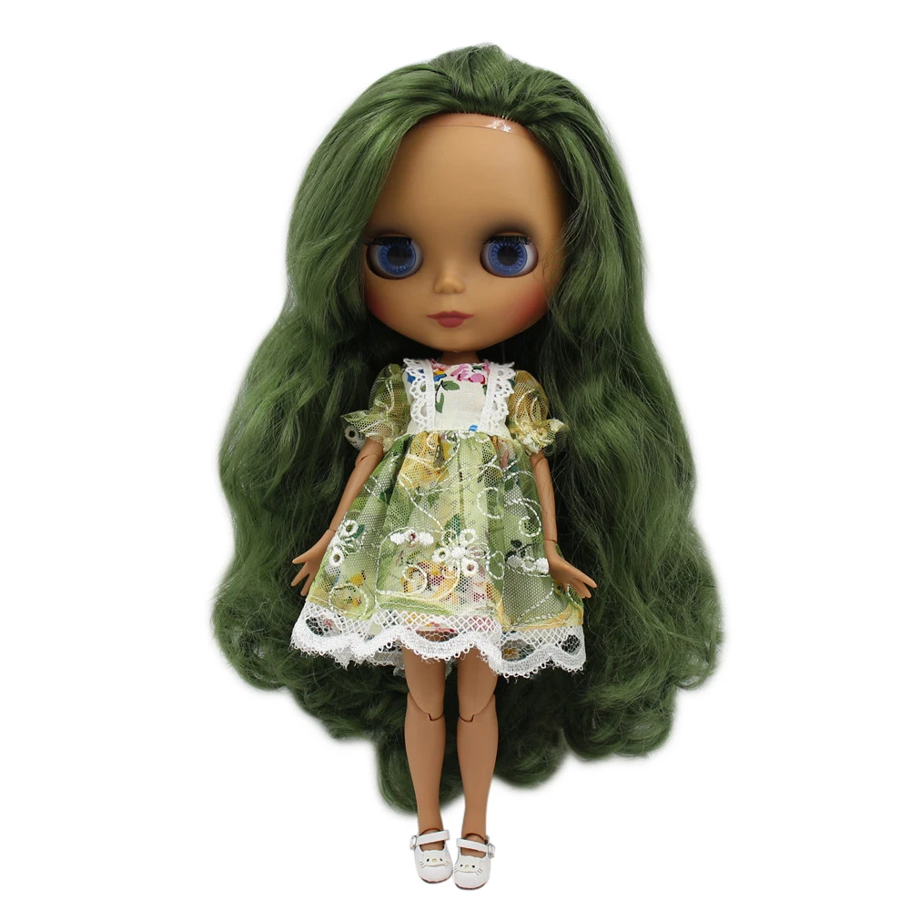 

1/6 ICY Nude Factory Blyth doll Black Matte face Joint body Long curly green hair. No.BL4299