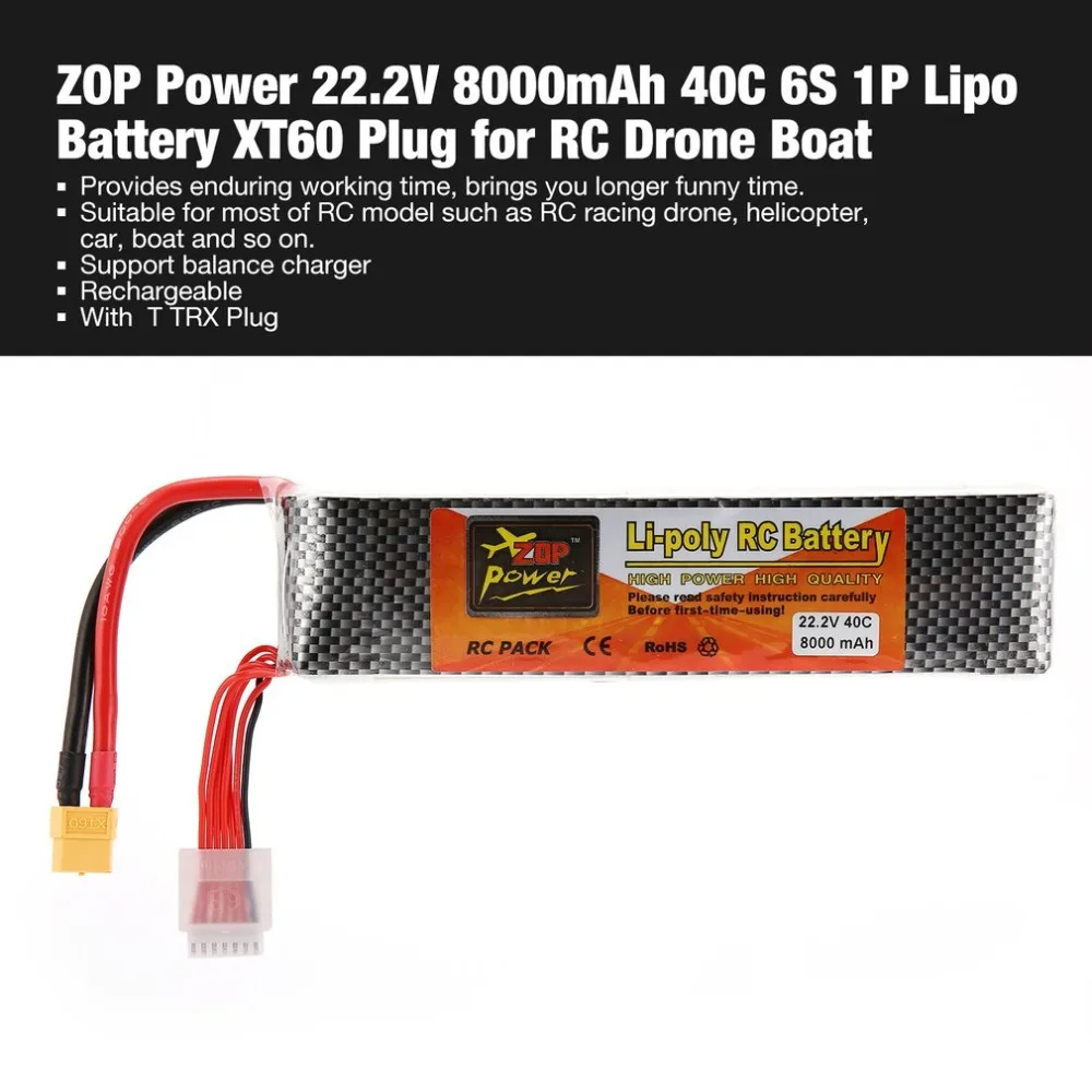 

ZOP Power 22.2V 8000mAh 40C 6S 1P Lipo Battery XT60 Plug Rechargeable for RC Racing Drone Quadcopter Helicopter Car Boat Model