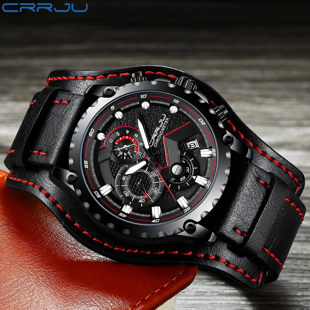 CRRJU модные спортивные часы мужские военные хронограф водонепроницаемые черные кожаные кварцевые наручные часы для мужчин Relogio Masculino