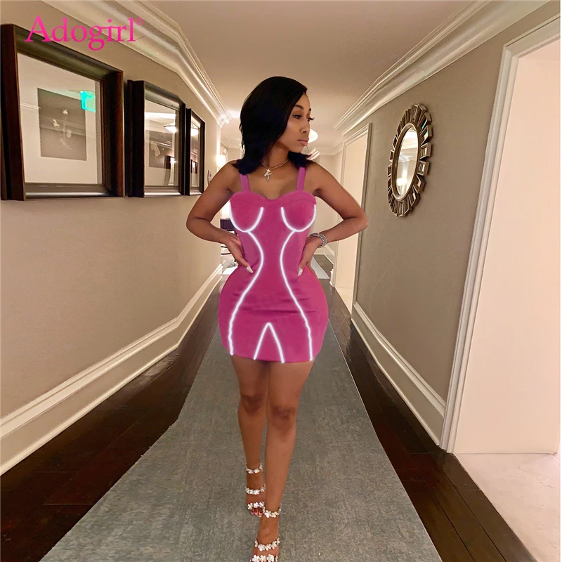 

Adogirl Reflective Trim Patchwork Night Version Dress Strapless Spaghetti Straps Bodycon Mini Summer Dress Women Club Vestidos