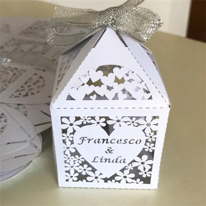 Gold metallic paper laser cut personalized wedding sweets box - Цвет: white pearl