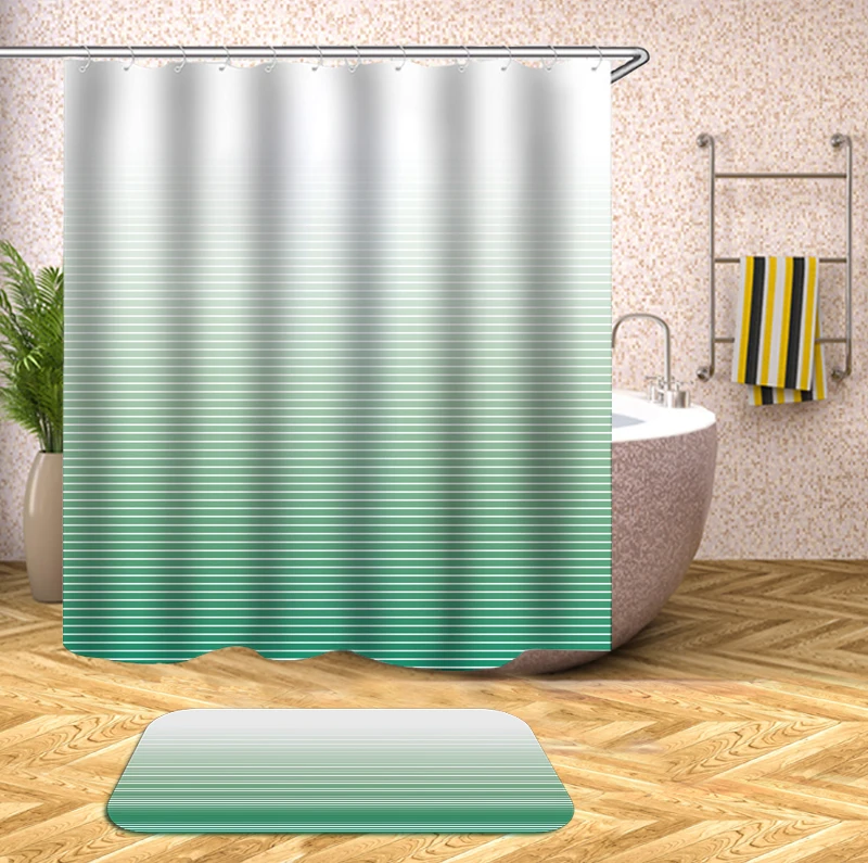Gradient green white Stripes Polyester Fabric Shower Curtain Mildew