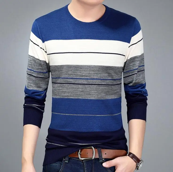 Весенне-осенний модный брендовый Повседневный свитер с круглым вырезом, облегающий вязаный мужской свитер и полосатые вязаные пуловеры для мужчин M-3XL - Цвет: H02