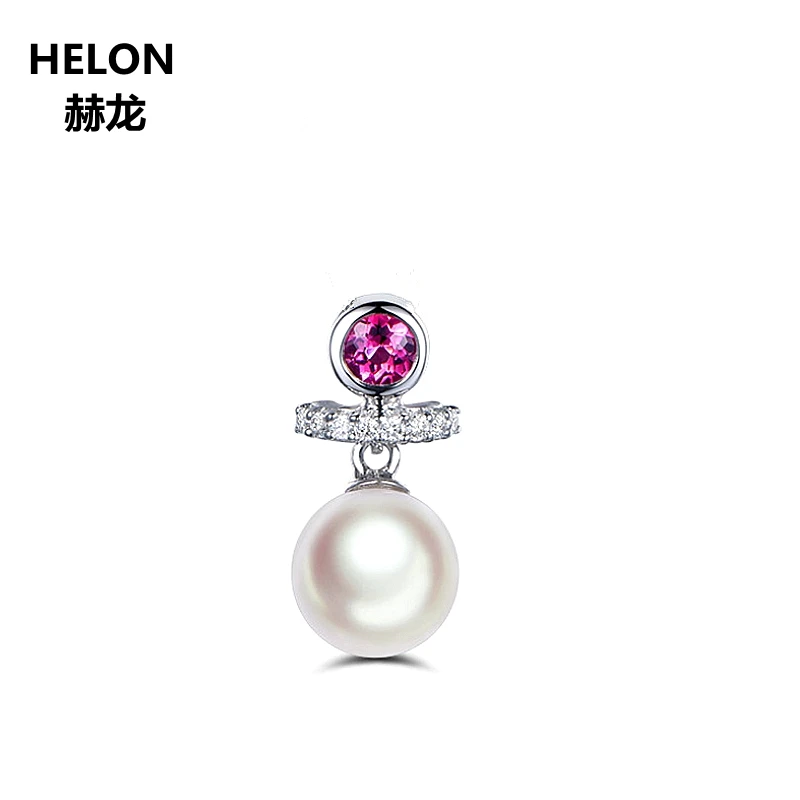 

Solid 14k White Gold 7MM Natural Freshwater Pearl Women Pendant Natural Diamonds Tourmaline Pendant Elegant Fine Jewelry