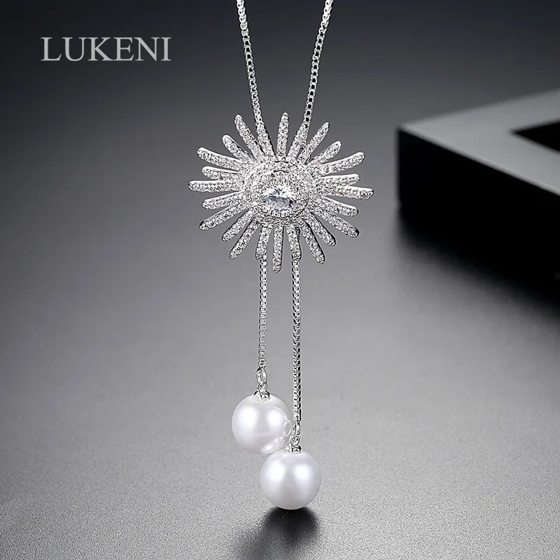 

LUKENI New Design Romantic Fashion Women White Color Cubic Zircon Sunflower Pearl Sweater Chain Necklace Jewelry