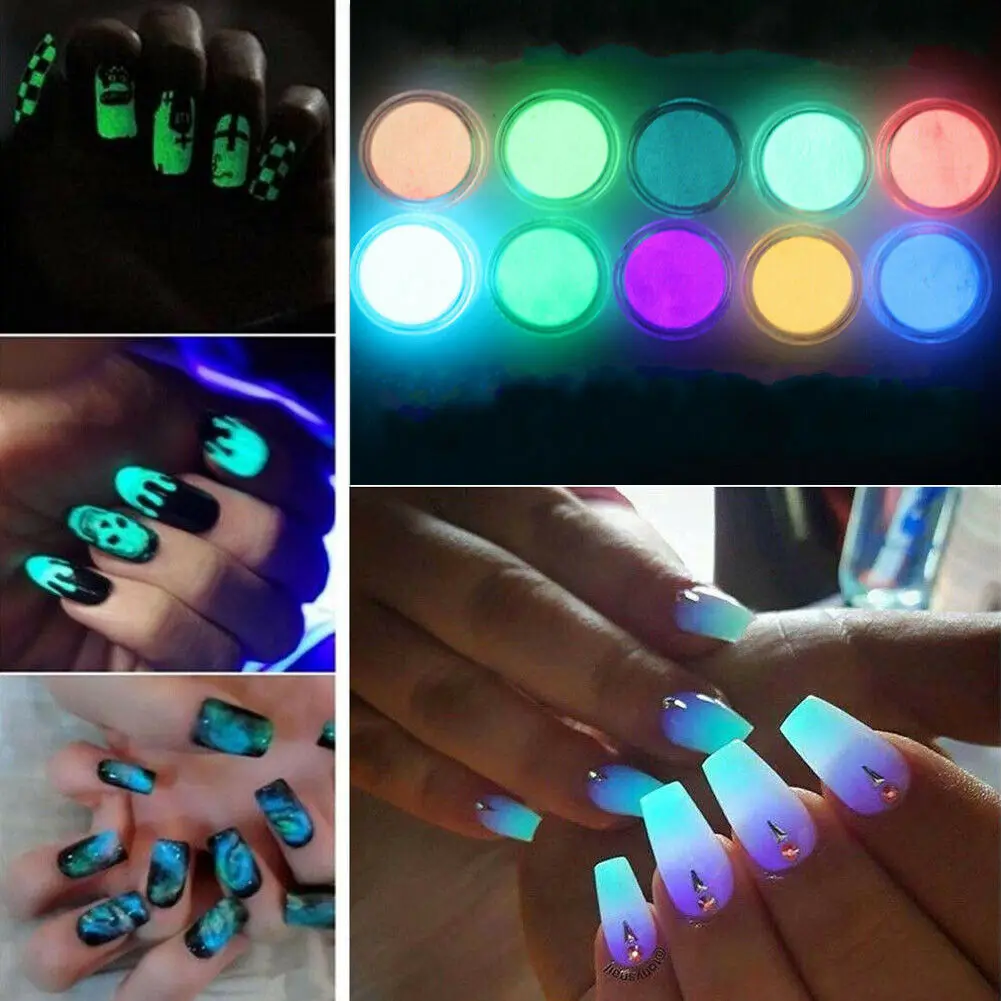 

10 Neon Colors Phosphorescent FLUORESCENT Powder Glow In Dark Nail Art Acrylic