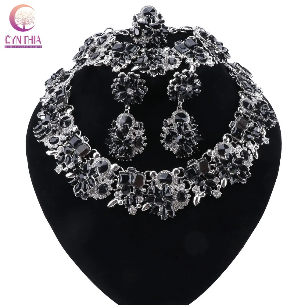 CYNTHIA черный кристалл колье Ожерелье Набор Свадебные индийские ювелирные наборы невесты серебряные ювелирные изделия Свадебные аксессуары для выпускного для женщин