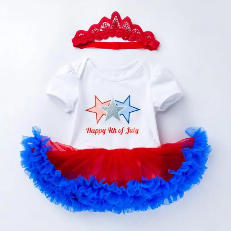 Комплект из 2 предметов новорожденная девочка-новорожденный одежда Happy 4th июля независимость американских платье-пачка для девочек повязка на голову с бантом для 0-24Months