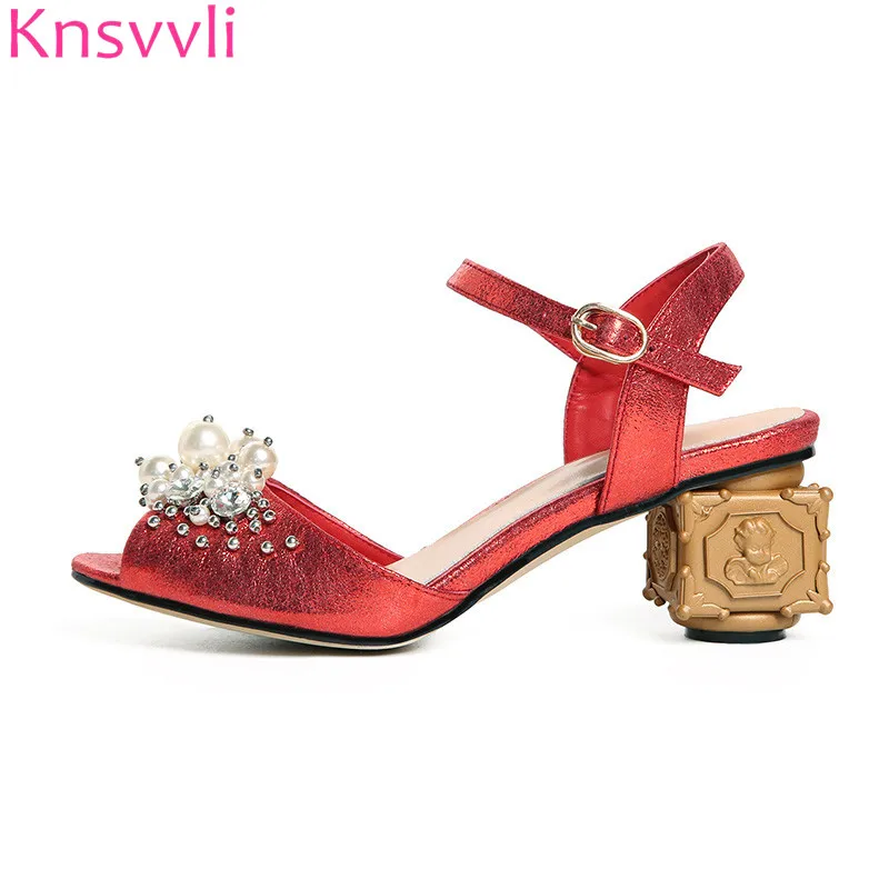 

New Red Sandals Woman High end String Bead Strange Style High heels Women Pumps Vacation Rome Shoes Buckle Strap Sandalias Mujer
