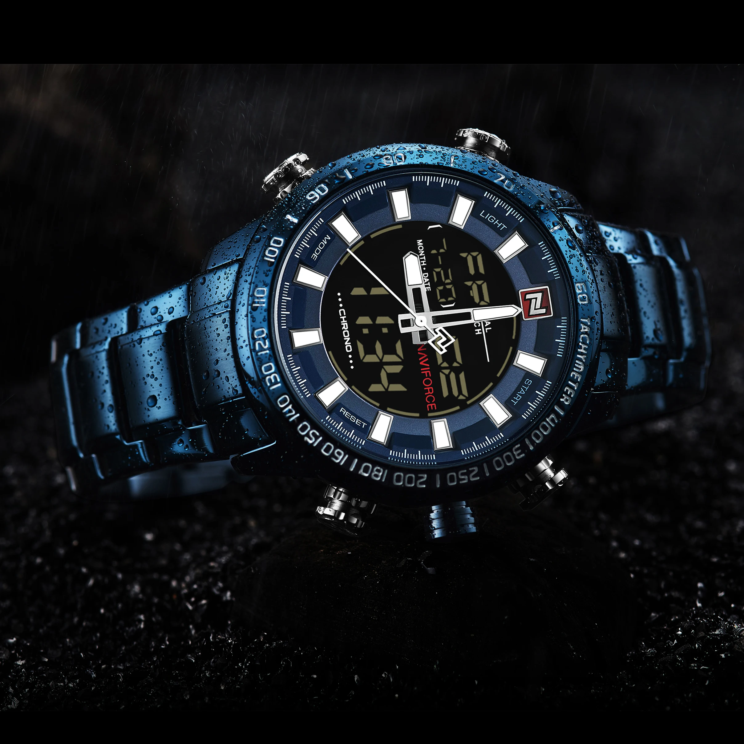 NAVIFORCE Luxury Brand Men Blue Watch 2019 Fashion Quartz Dual Display Watches Stainless Steel Band