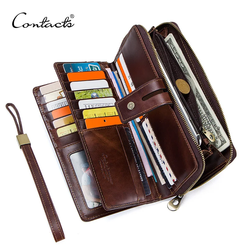 Kopen CONTACT #039;S crazy horse lederen heren portemonnee lange clutch card houders voor mannen koeienhuid portomonee walet man #039;s purse carteira mannelijke