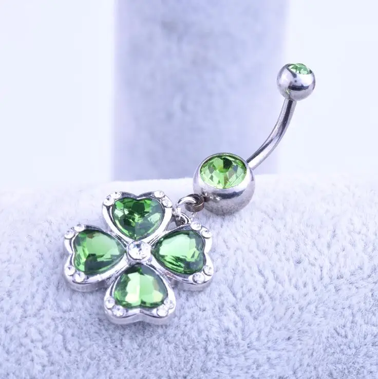crystal Four Leaf Clove belly navel ring 316L stainless steel navel bar body piercing jewelry