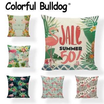 

Pink Flamingo Cushion Cover Tropical Leaves Geometric Flowers Printed Gifts Throw Pillow Case Linen Cotton Home Decor Yoga Chair