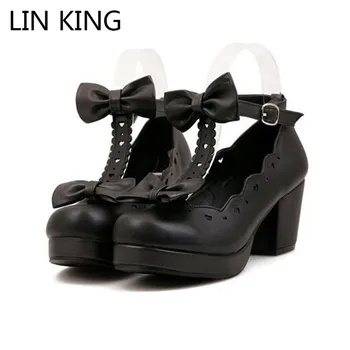 

LIN KING Fashion Buckle Women Mary Janes Pumps T-Strap Women High Heel Shoes Sweet Bowtie Lolita Shoes Girls Cosplay Party Shoes
