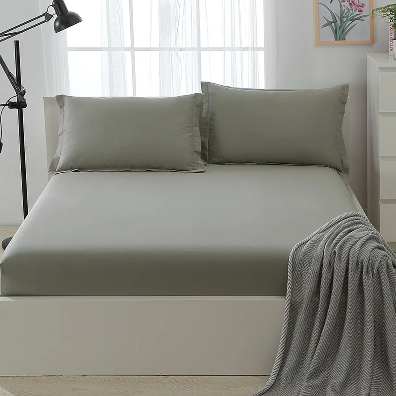 

2019 Gray Solid Color Fitted Sheet Cotton Bed Sheet with Elastic Mattress Cover Linen Bedspread 120cm/150cm/180cm/200x220cm Size