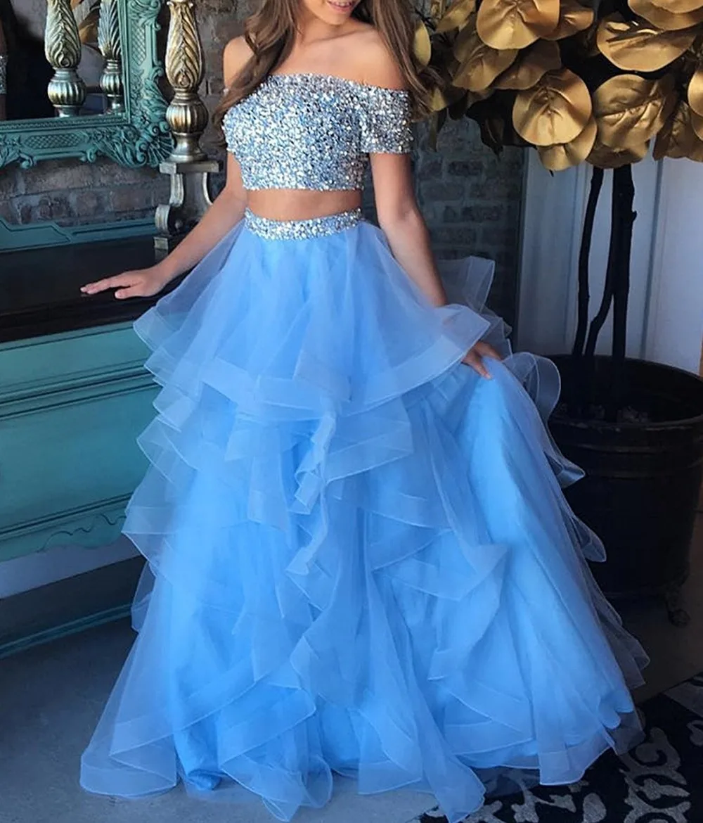 

Elegant Fuchsia Two Pieces Prom Dress 2019 Light Blue Long Tulle Formal Evening Party Gown Lace Applique Ruffles Pink Gala Dress
