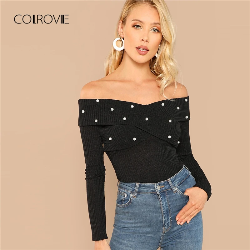 

COLROVIE Red Solid Pearl Beads Off the Shoulder Cross Bardot Knitted T-Shirt Women Tops 2018 Black Long Sleeve Office Tee Shirt