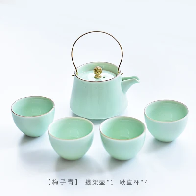 Чайник Celadon с подъемной ручкой, креативный бытовой керамический чайный набор, лучший подарок для отца, подарок на день отца - Цвет: 1 pot 4 cups green