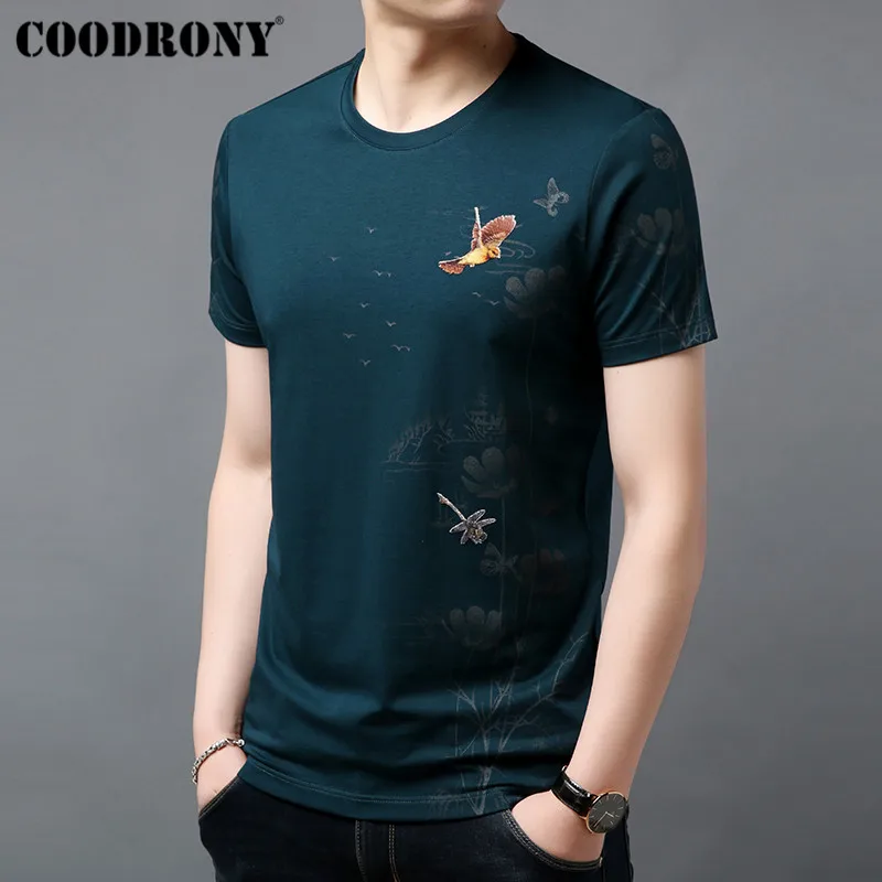 COODRONY Мужская футболка лето 2019 китайский стиль цветок и птица с картиной коротким