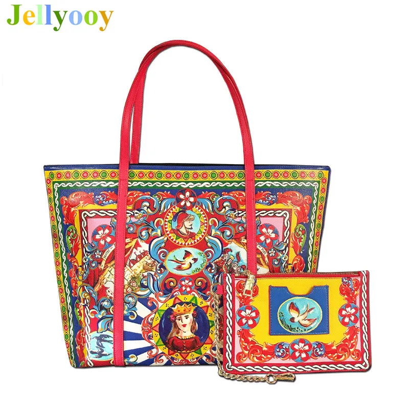 

Luxury Brand Vintage Print High Grade Leather Tote Bag Women Shopper Bag Ethnic Style Handbag Purse Lady Shoulder Crossbody Bags