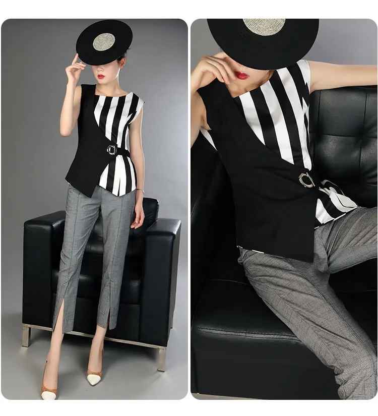 [XITAO] New Summer Europe Women Striped Patchwork Contrast Color Sleeveless Tops Female Irregular Collar Blouses KZH2019