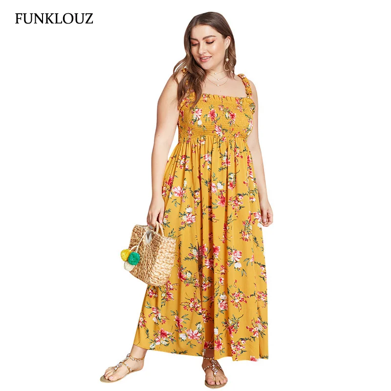 

Funklouz Plus Size Floral Print Boho Dress Fashion Beach Summer Maxi Dresses for Women Vestidos