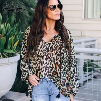 

2019 spring fashion style women top and chiffon blouse leopard pattern chiffon shirt sexy Lady V-neck long sleeve blouse 2668 50