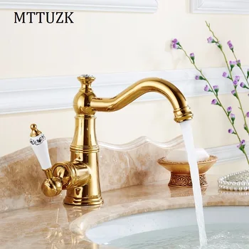 

MTTUZK Free Shipping deck mounted golden Brass with Diamond Bathroom Faucet Single Handle Ceramic handle tap banheiro torneira