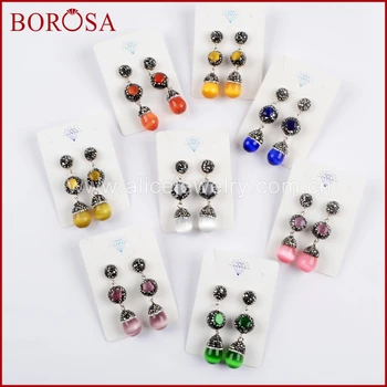 

BOROSA New 5Pairs Manmade Cat's Eye Stone Charms Earrings Paved Black Zircons Gems Druzy Dangle Earring Jewelry for Women JAB880