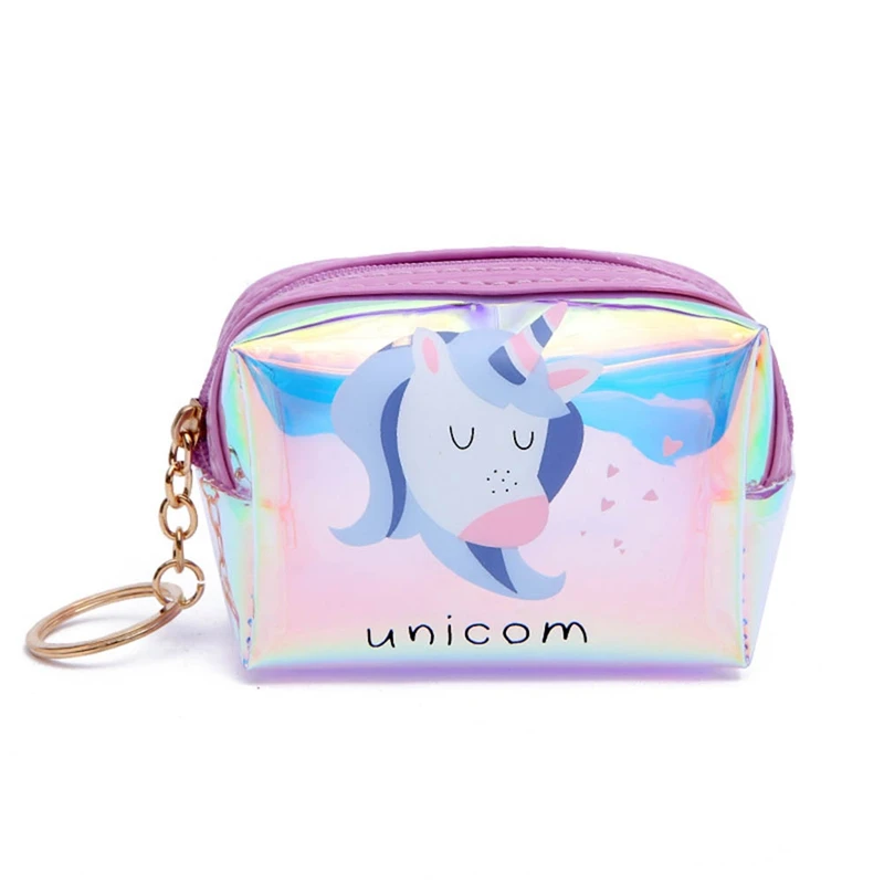 

1 PC Mini Laser Unicorn Printed Coin Purse Women Girl Shell-shaped Square Coin Bag PVC Clear Zipper Card Storage Bag Send Random