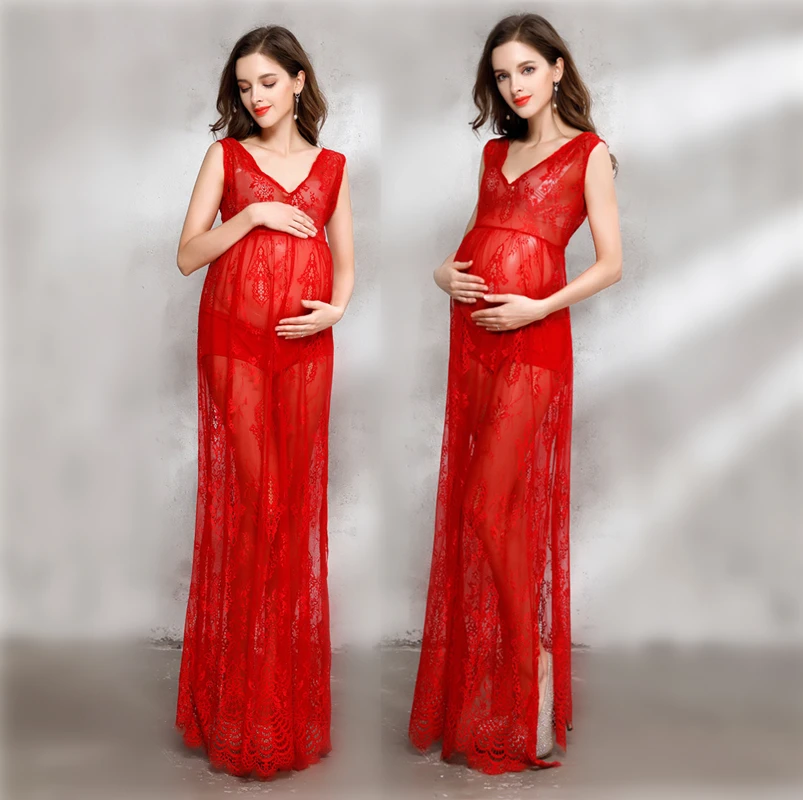 2018 Women Pregnancy Maternity Dresses for Photo Shoot Red Soft Lace