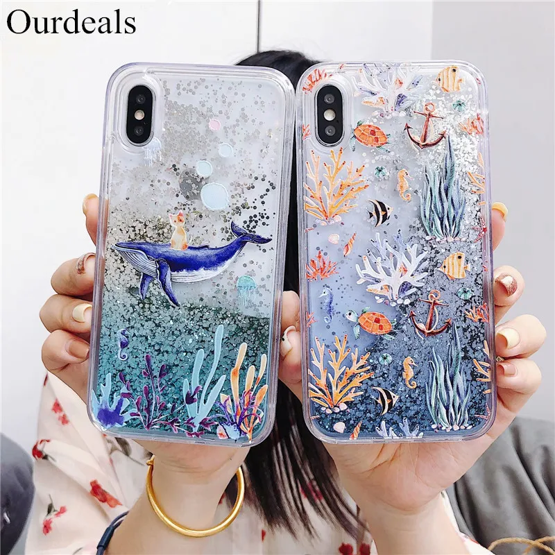 

DISCASE Quicksand Relief Cute Animal Phone Case For iphone XS MAX XR X For iphone 8 7 6 6s plus X Fashion Glitter Seaweed Fish