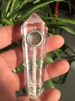 

CLEAR ROCK quartz Crystal Hole Gemstone Wand Smoking Pipes Cigarette holder+2Metal Filter