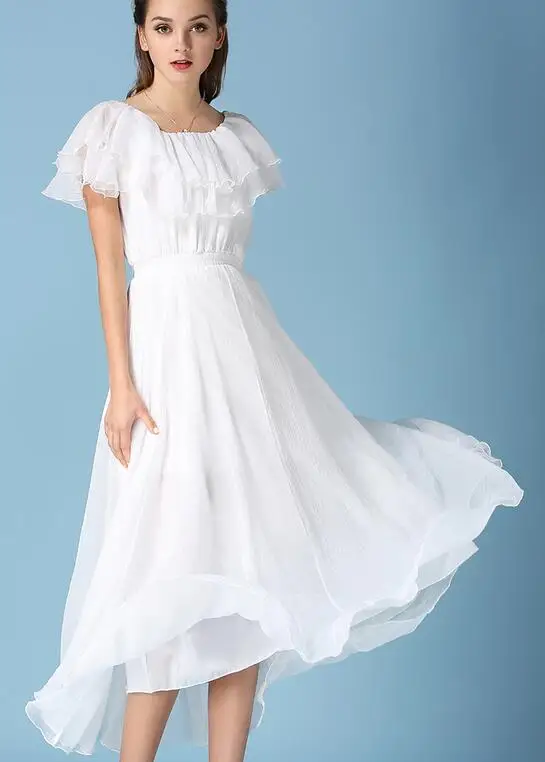 

Free Shipping High Quality Bohemian Style Summer New Arrival Pure Color Strapless Ruffles Woman Chiffon Long Dress White