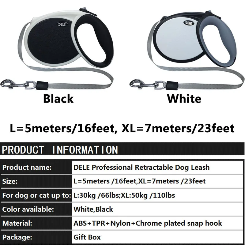 DELE Выдвижной Поводок для собак с рефлексивным поясом для тяжелых собак, Выдвижной Поводок для средних и крупных пород, 7 м, прочная нейлоновая лента