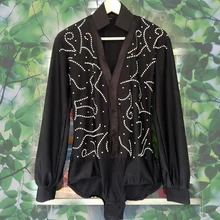 Стиль мужской костюм латинского танца сексуальный старший спандекс с длинными рукавами мужской топ танца латинского танца для мужчин куртки латинского танца