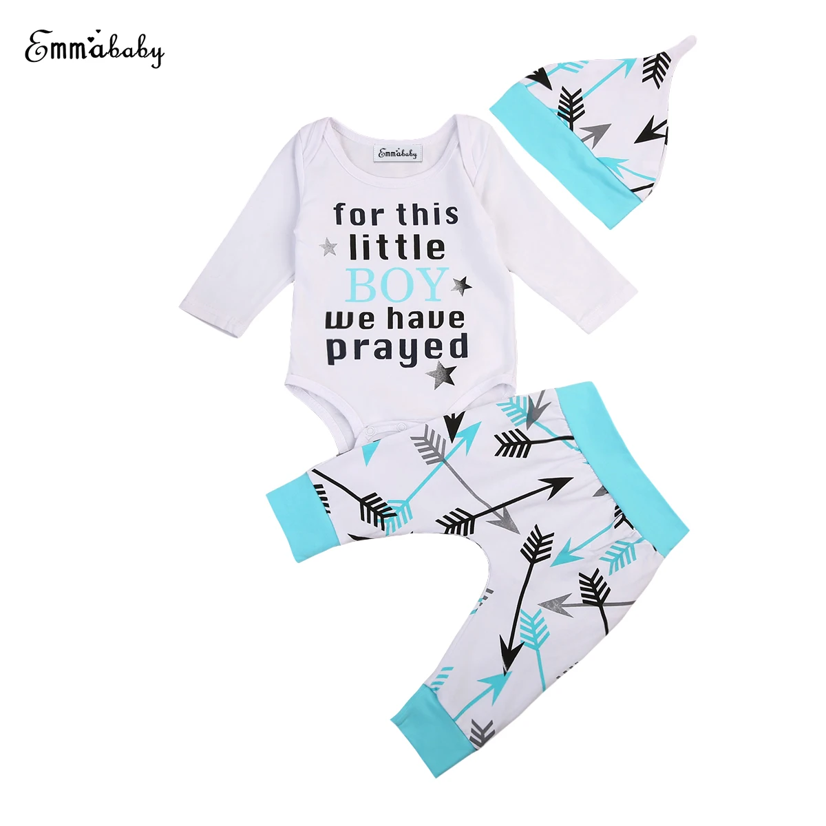 3pcs Toddler Baby Boys Clothes Set Long Sleeve Arrow Print Romper Pants Hat Outfits Kids Boy 0-24M |
