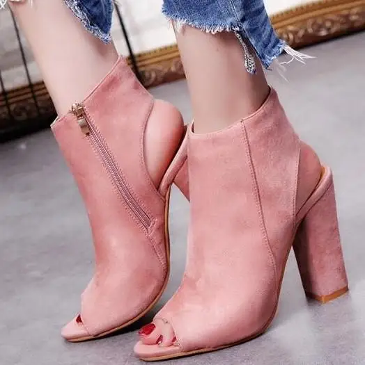 

Fashion Women's Spring Summer Open Toe Boots Casual Faux Suede Ankle Boots Thick High Heels Peep Toe Women Boots fgb67