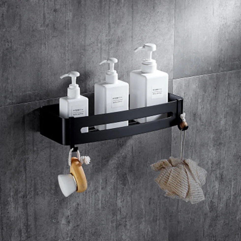 

Black Shower Caddy Bathroom Rectangle Shelves Wall Mounted Space Aluminum Kitchen Storage Basket Adhesive Suction Corner Shelf