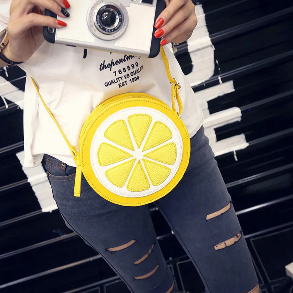 Women Fashion Printing Personality Round Lemon Tote Bags Shoulder Bag