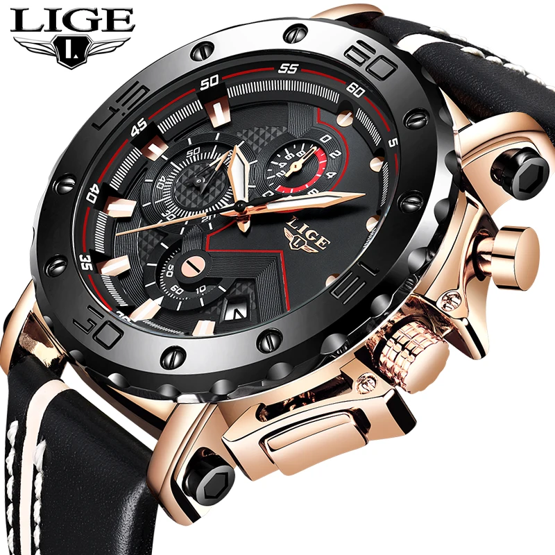 

Men Watches Top Brand Luxury LIGE Male Sport Big Dial Quartz Watch Men Casual Leather Waterproof Wrist Watch Relogio Masculino
