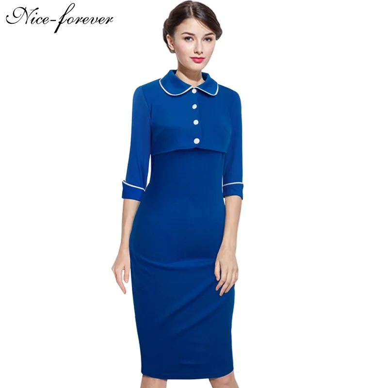 

Nice-forever New Spring Career Solid Blue White Buttons Work dress Office Lady Stand Collar Opened Zipper Chic Sheath Dress b276